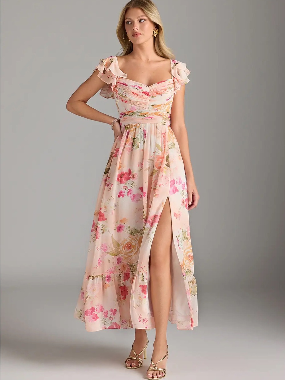 NWT Azazie Floral Ruffle Sleeve Maxi Dress Size A18
